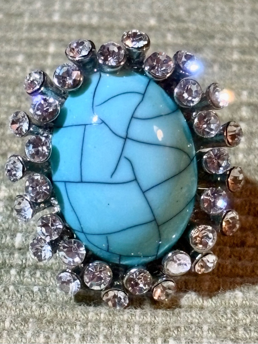 Turquoise-colored Stone Statement Ring with Clear Crystal Halo